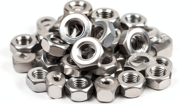 Photo a bunch of steel hex nuts on a white background