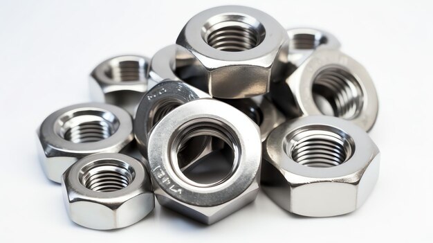 A bunch of Steel Hex nuts on a white background