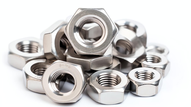 A bunch of Steel Hex nuts on a white background