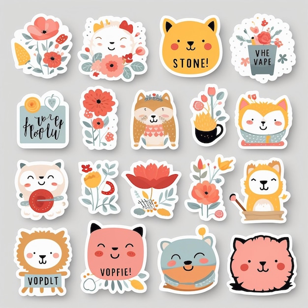 Photo a bunch of stickers with animals and flowers on them