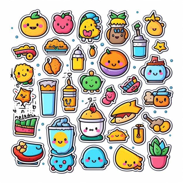 Photo a bunch of stickers with different food and drinks generative ai