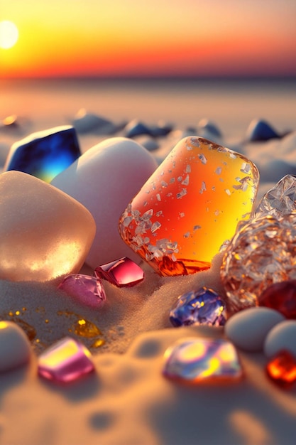 Bunch of stones sitting on top of a sandy beach generative ai