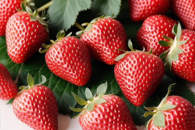 A bunch of strawberries are on a table with leaves.