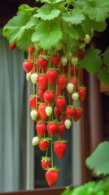 A bunch of strawberries hanging from a plant