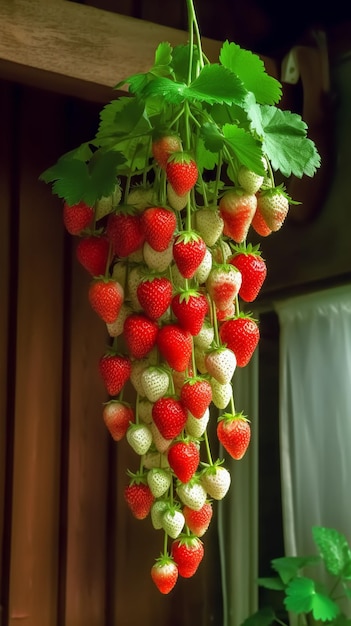 A bunch of strawberries hanging from a vine