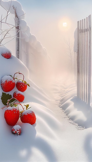 Bunch of strawberries sitting on top of snow covered ground generative ai