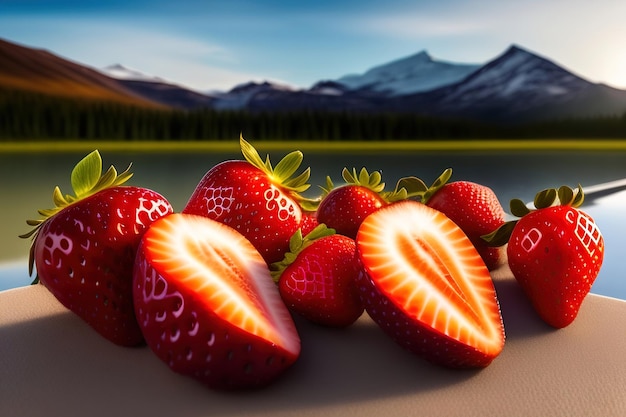 A bunch of strawberries on a table with mountains in the background