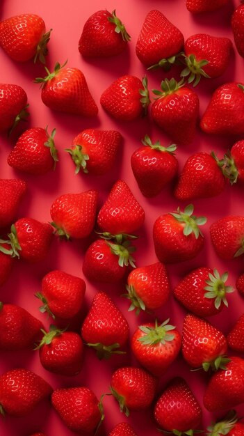 a bunch of strawberries that are on a pink background