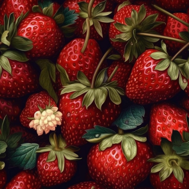 A bunch of strawberries with a green flower on the top.