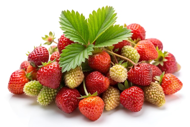 a bunch of strawberries with a green leaf on top of it