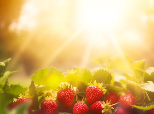 A bunch of strawberries with the sun shining on them