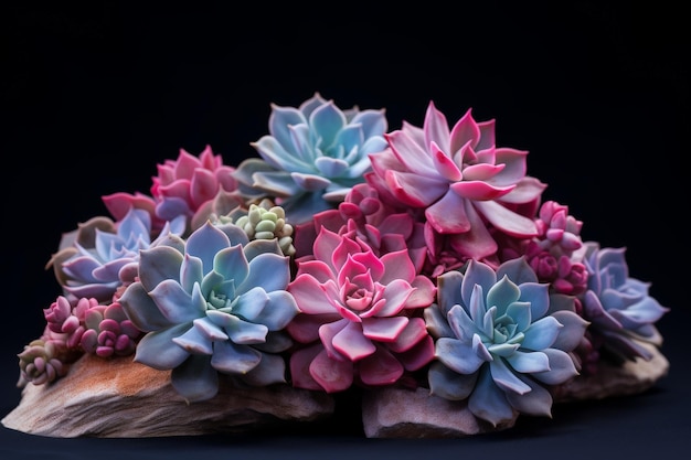 A bunch of succulents that are on a rock