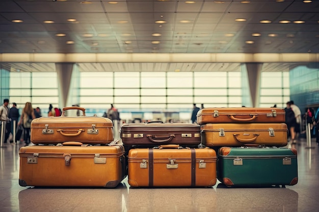 A bunch of suitcases at the airport cargo control baggage allowance and hand luggage parameters on the plane security checkin and delivery of personal belongings AI generated