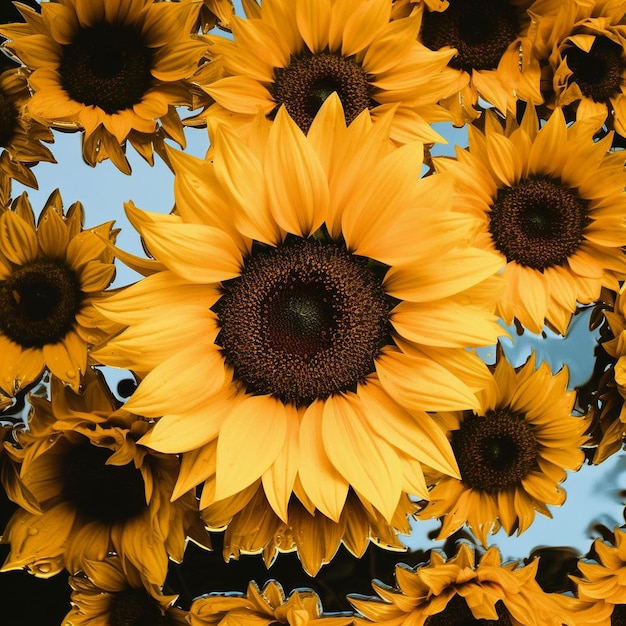 A bunch of sunflowers with a blue sky background