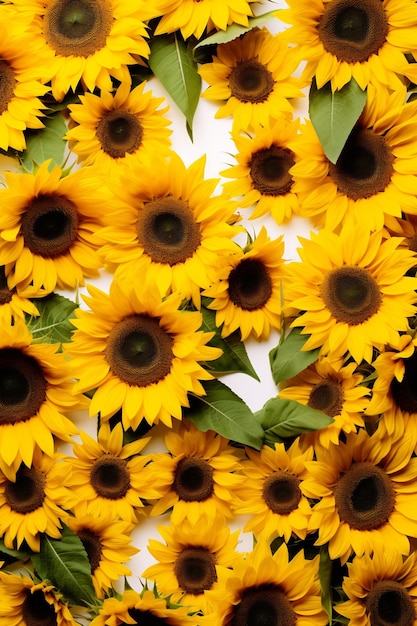 A bunch of sunflowers with green leaves