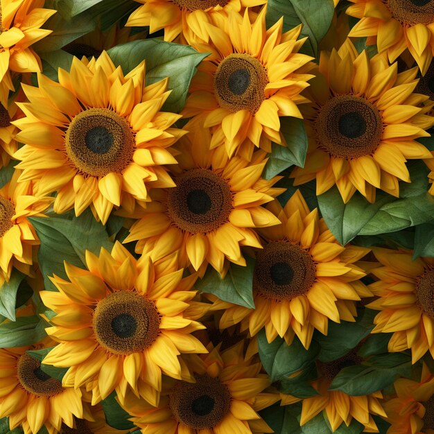 a bunch of sunflowers with green leaves