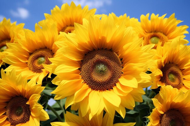 A bunch of sunflowers with the middle of the middle one