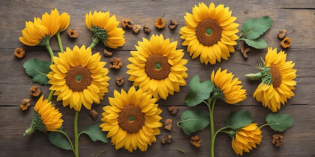 A bunch of sunflowers on a wooden table