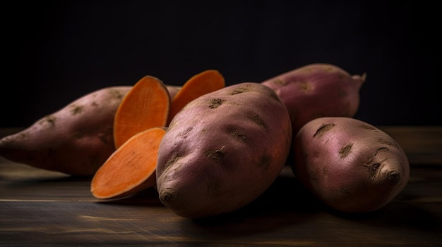 A bunch of sweet potatoes on a table