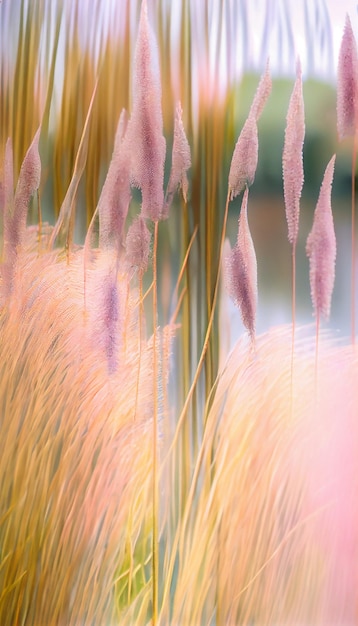 Bunch of tall grass next to a body of water generative ai