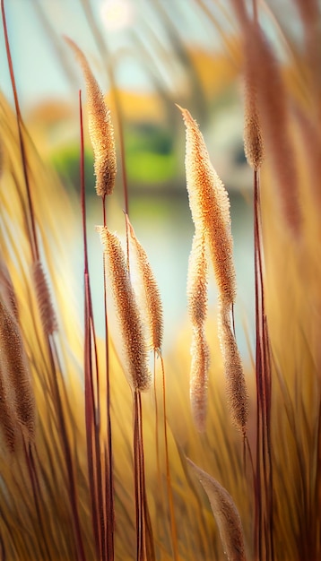 Bunch of tall grass next to a body of water generative ai