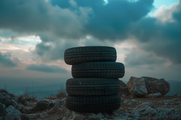 Photo bunch of tires are stacked