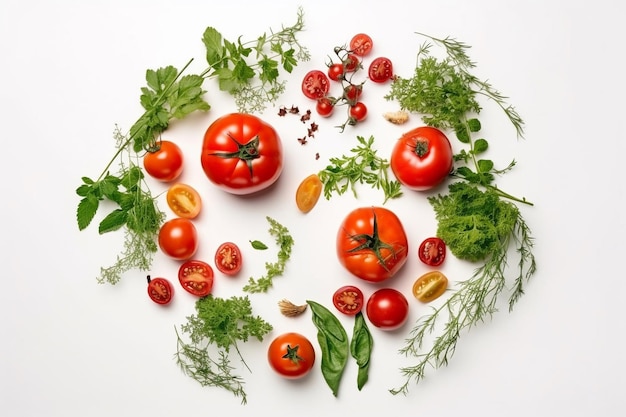 Un grappolo di pomodori è disposto in cerchio con altre verdure.