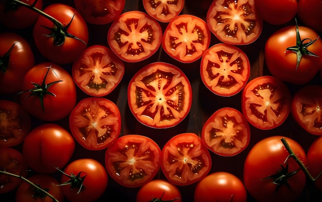 A bunch of tomatoes are arranged in a square pattern.