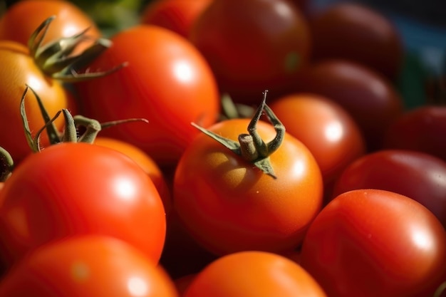 A bunch of tomatoes are in a basket.