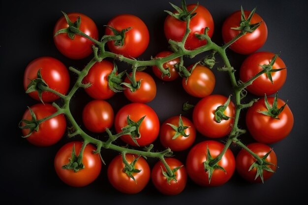 A bunch of tomatoes are on a black background