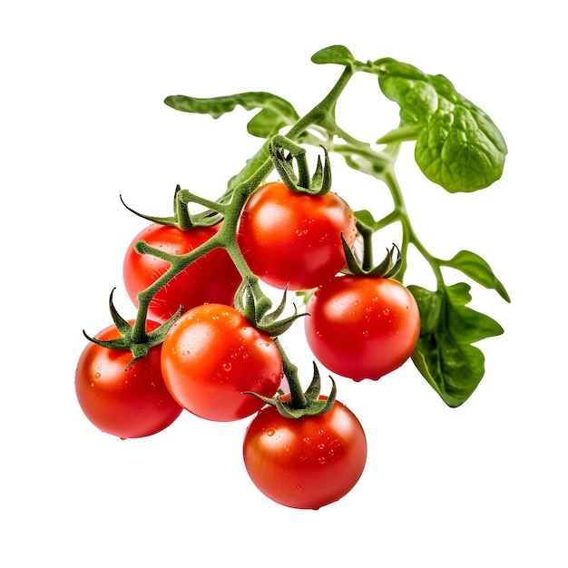 A bunch of tomatoes are hanging from a vine.