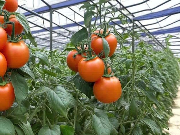 A bunch of tomatoes are hanging on a vine.