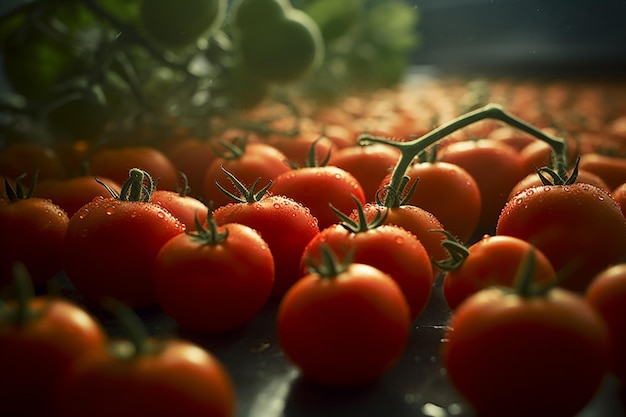 A bunch of tomatoes are on a tray in a greenhouse.