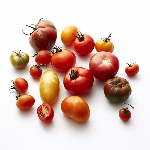 A bunch of tomatoes are on a white background