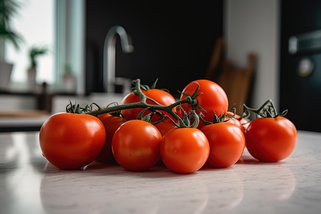 A bunch of tomatoes on a counter