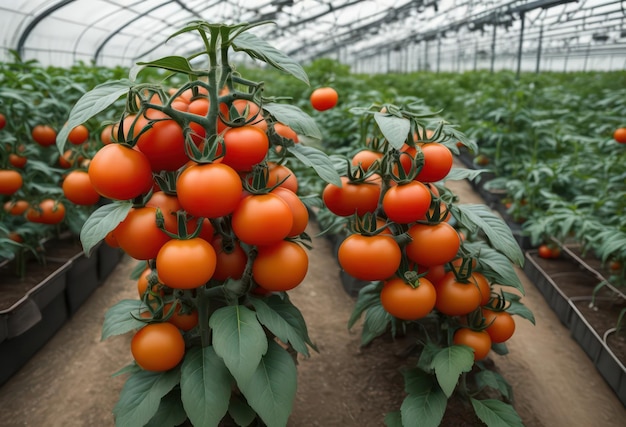 A bunch of tomatoes in a greenhouse