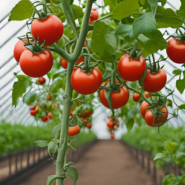 温室で育つトマトの束