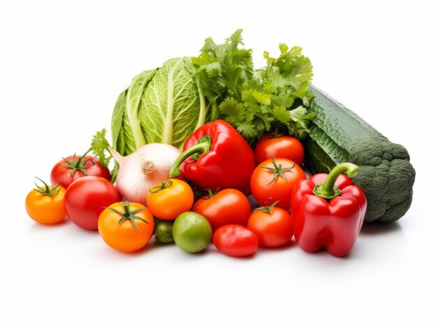 a bunch of tomatoes lettuce and lettuce are on a white background