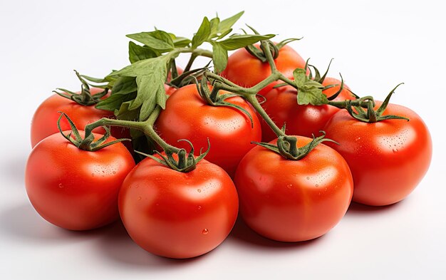 a bunch of tomatoes with a green leaf on top