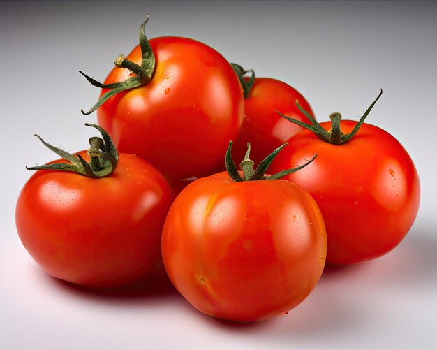 A bunch of tomatoes with green leaves on them