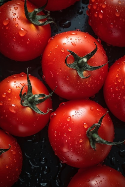 A bunch of tomatoes with the green stem on them