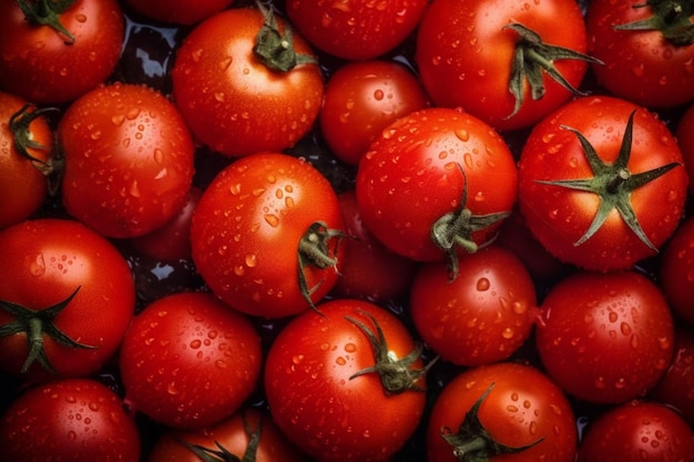 A bunch of tomatoes with the green stem on them