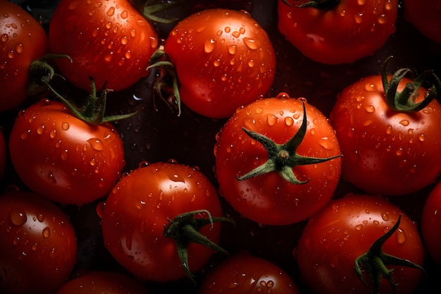 A bunch of tomatoes with water droplets on them