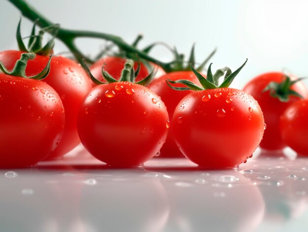 A bunch of tomatoes with water droplets on them