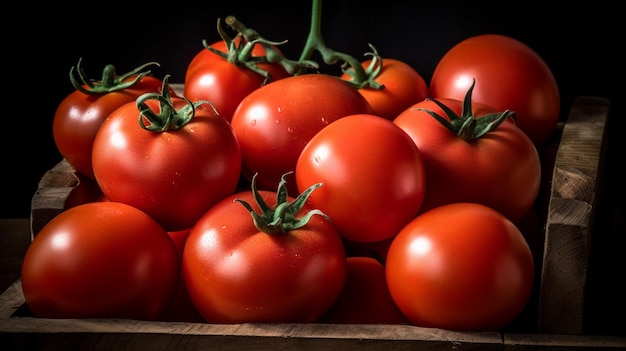 A bunch of tomatoes in a wooden box