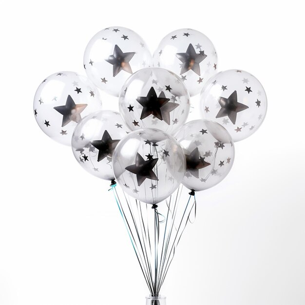 Photo bunch of transparent balloons with stars printed on them with isolated white background