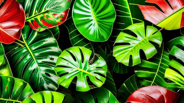 A bunch of tropical plants with red and green leaves