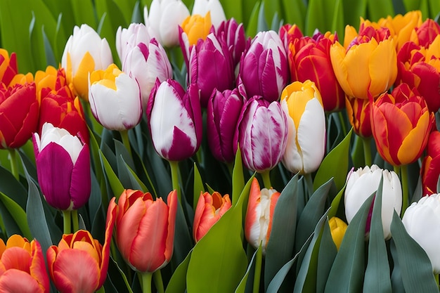 A bunch of tulips are in a field with one of them has yellow, red, and white.