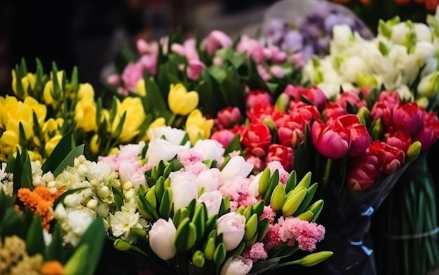 A bunch of tulips are in a store.