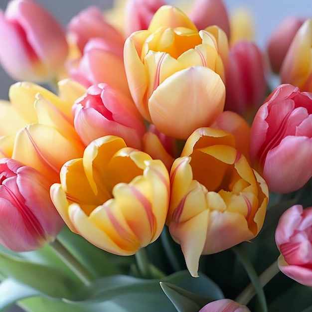 A bunch of tulips are in a vase with one of them being a bouquet.